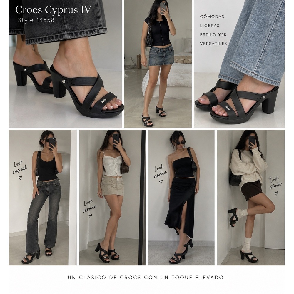 Crocs Cyprus IV Black Strappy High Heel Sandals Mules 14558 Womens 6